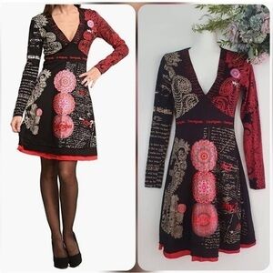 Desigual Tricot Dress Fit Flare Boho Patchwork Embroidered Multicolor Black Red
